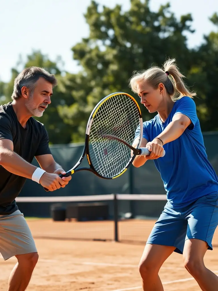 A dynamic shot of adult players engaged in a competitive doubles match on a clay court at CREULLOIS TENNIS CLUB.