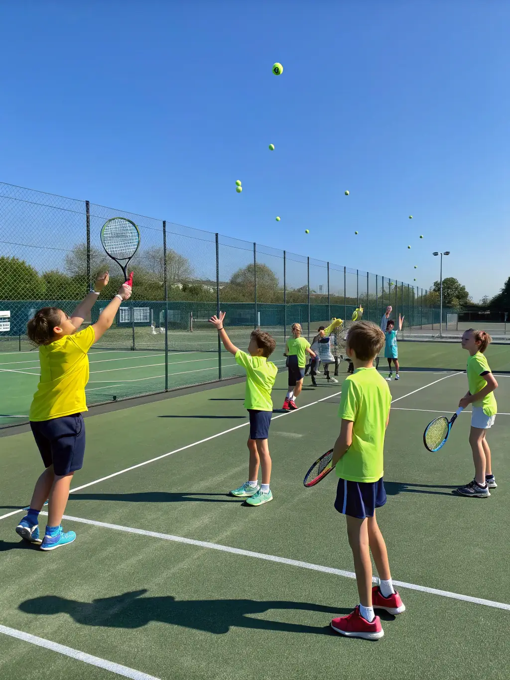 A vibrant image of children participating in a junior tennis clinic, focusing on fun drills and skill-building exercises at CREULLOIS TENNIS CLUB.