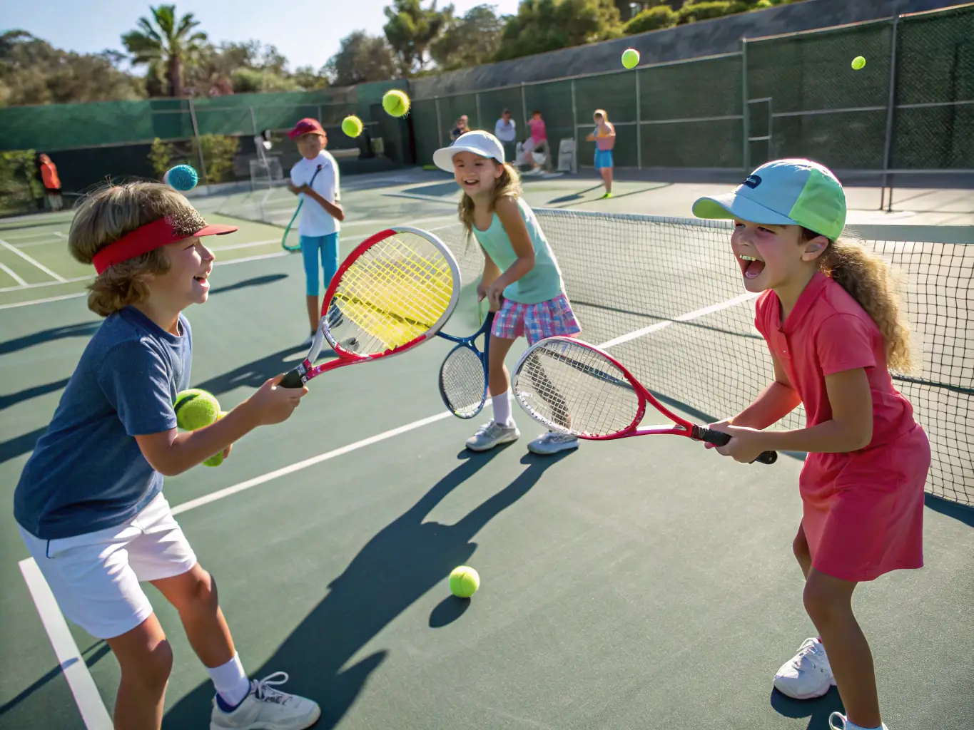 An image of a junior tennis clinic, with young players learning basic tennis skills from experienced coaches in a supportive and encouraging environment.