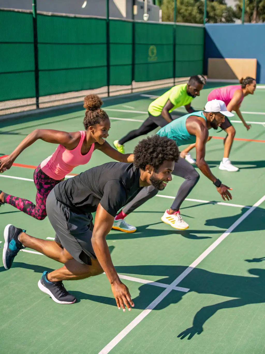 An action shot of participants in a cardio tennis class, combining fitness and tennis skills at CREULLOIS TENNIS CLUB.