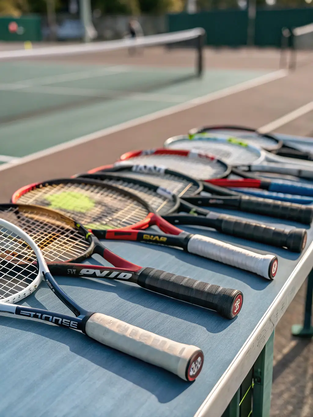 A selection of high-quality tennis rackets and equipment available for use at CREULLOIS TENNIS CLUB, emphasizing the club's provision of top-notch gear for its members.