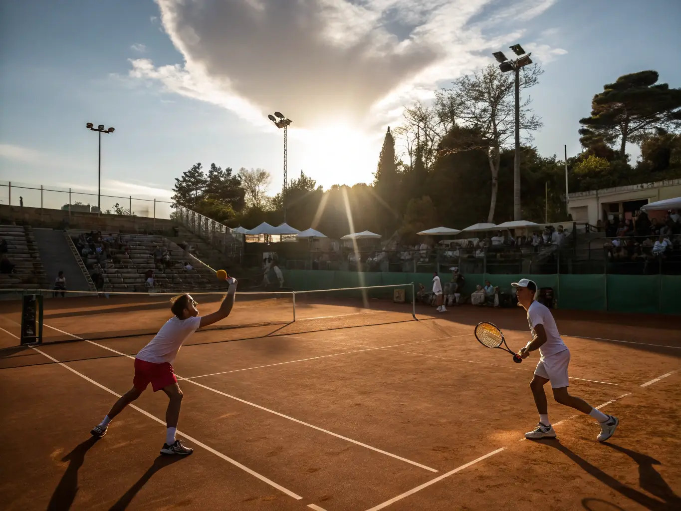 A vibrant image of a tennis tournament in full swing, showcasing players of different ages and skill levels competing on the court, with spectators cheering from the sidelines.
