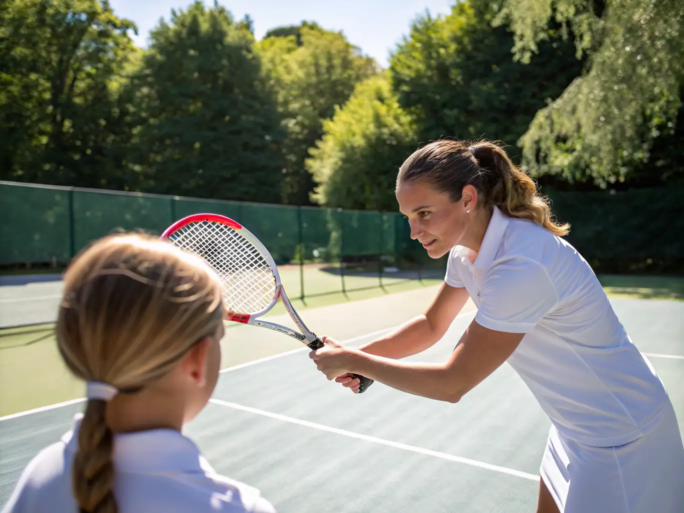 A tennis coach providing personalized instruction to a player at the CREULLOIS TENNIS CLUB, emphasizing the club's commitment to skill development and individual growth.