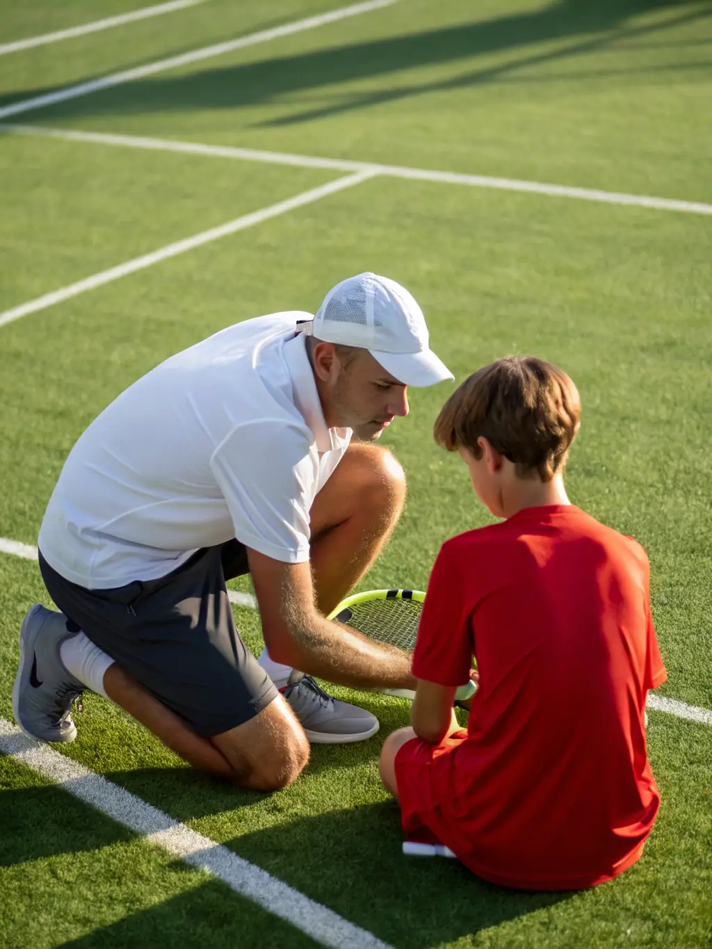A junior tennis player receiving encouragement from a coach at the CREULLOIS TENNIS CLUB, highlighting youth development and mentorship.