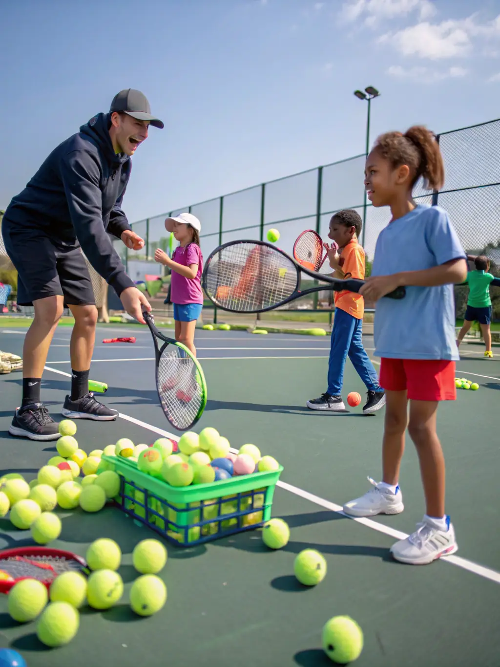 A vibrant image of children participating in a junior tennis clinic, showcasing their enthusiasm and engagement with the sport at CREULLOIS TENNIS CLUB.