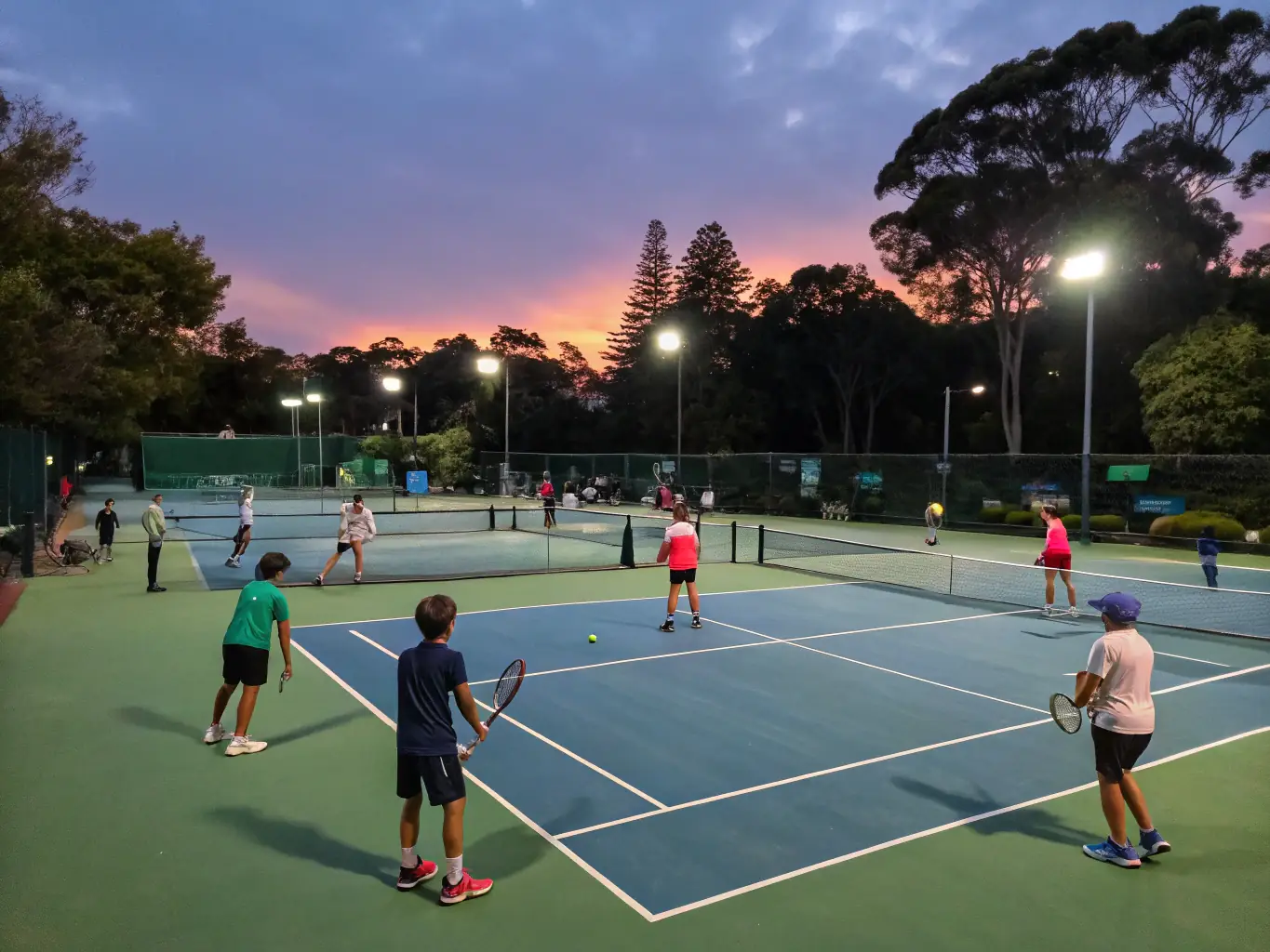A diverse group of tennis players participating in a friendly match on a sunny day at the CREULLOIS TENNIS CLUB, showcasing the club's inclusive and welcoming atmosphere.