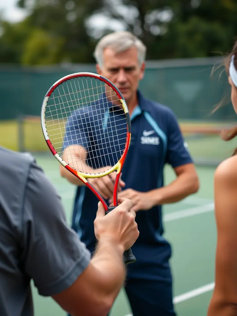 An image of a professional tennis coach providing personalized instruction to a player, focusing on technique and strategy at CREULLOIS TENNIS CLUB.