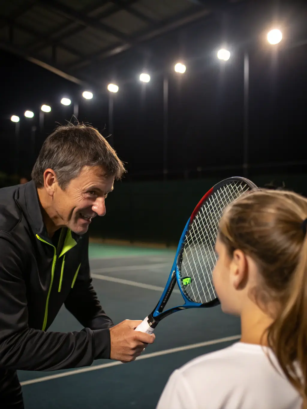 A focused image of a player receiving personalized coaching from a certified tennis instructor at CREULLOIS TENNIS CLUB.