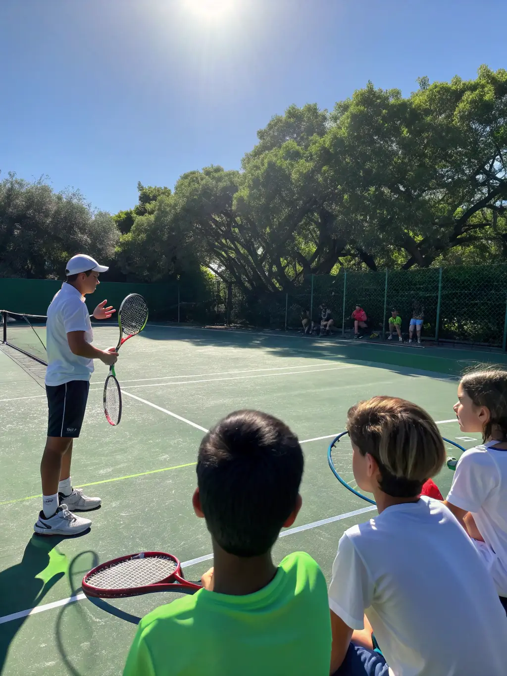 A group of diverse community members participating in a tennis clinic at the CREULLOIS TENNIS CLUB, showcasing inclusivity and community engagement.